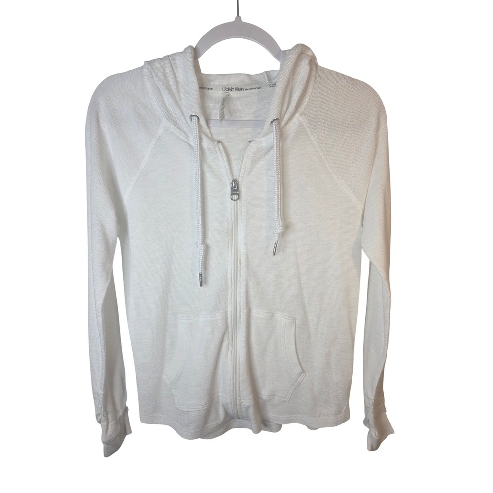 Calvin Klein Performance Womens White Waffle Knit Full Zip Hoodie Sweatshirt S